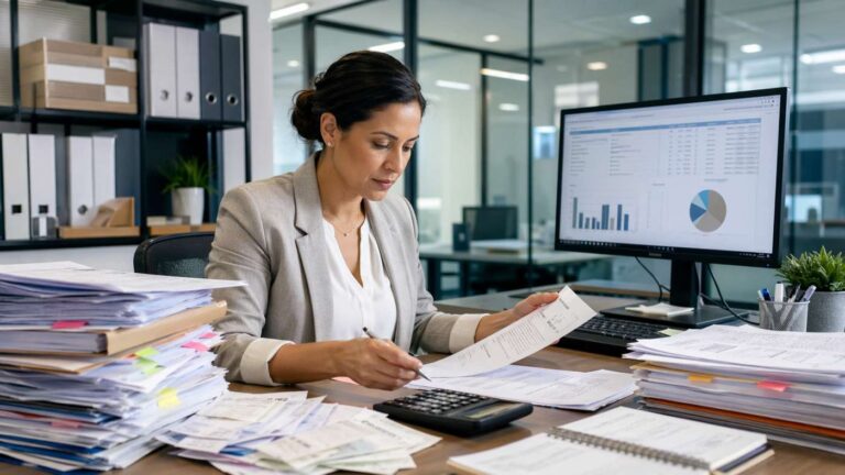 Professional bookkeeper reviewing overdue financial documents and receipts at an office desk with a calculator and computer showing accounting reports.