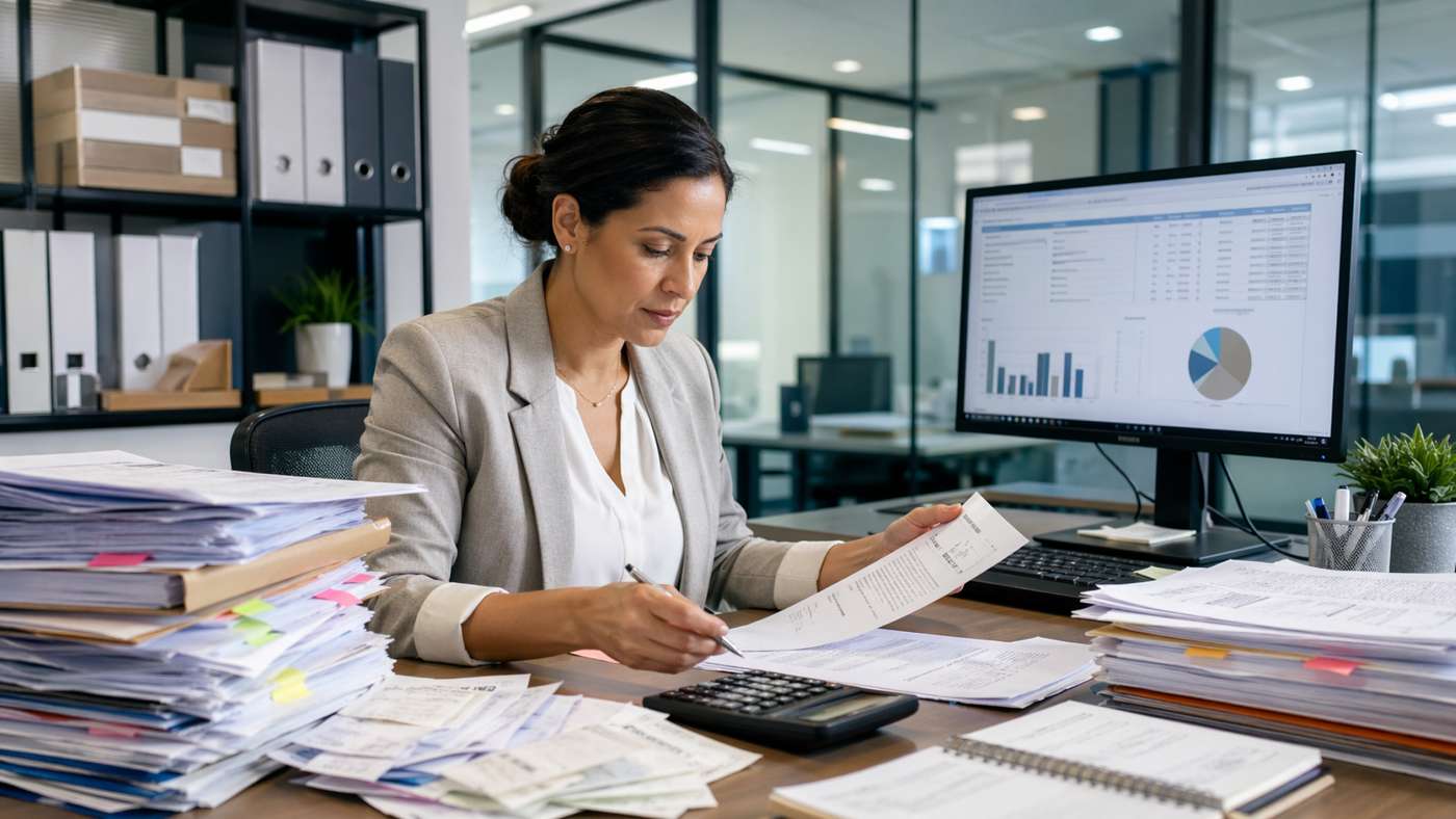Professional bookkeeper reviewing overdue financial documents and receipts at an office desk with a calculator and computer showing accounting reports.