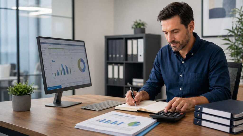 Professional male bookkeeper working at a desk in an office reviewing financial reports with a calculator and desktop computer displaying accounting charts.