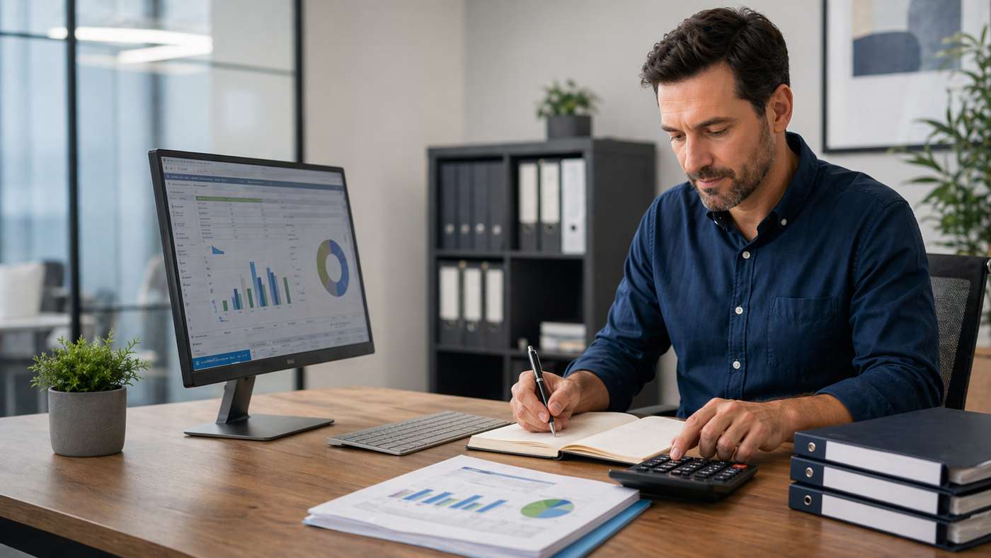 Professional male bookkeeper working at a desk in an office reviewing financial reports with a calculator and desktop computer displaying accounting charts.